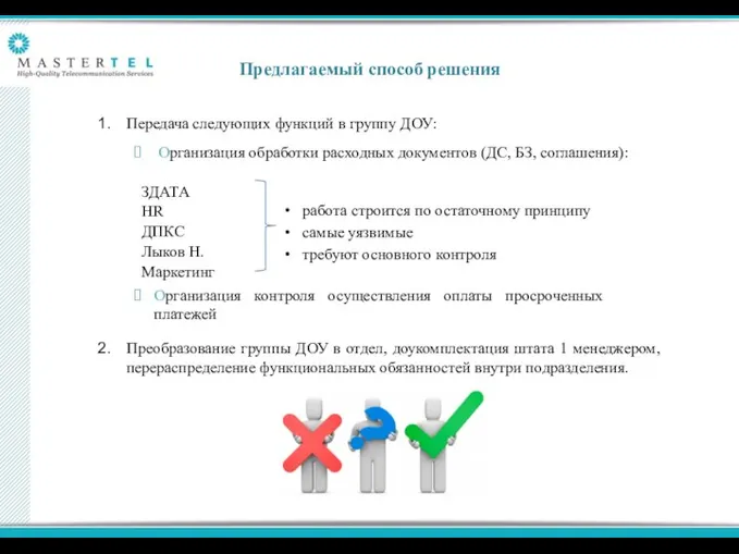 Предлагаемый способ решения Передача следующих функций в группу ДОУ: Организация обработки расходных