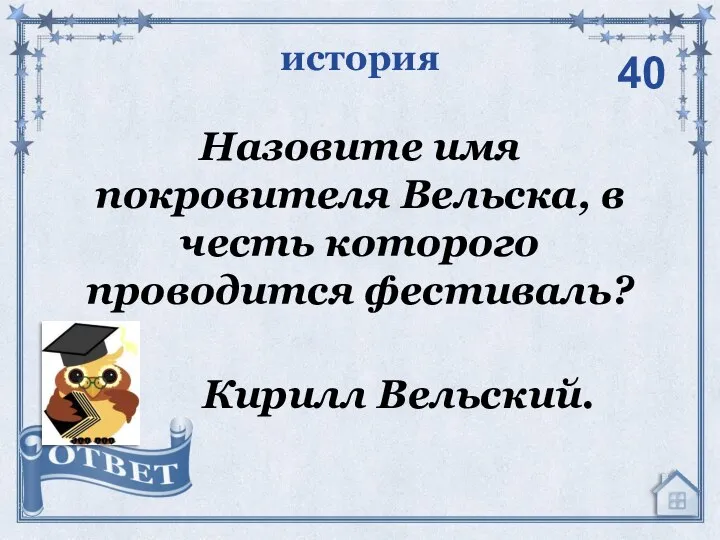 Назовите имя покровителя Вельска, в честь которого проводится фестиваль? история Кирилл Вельский. 40