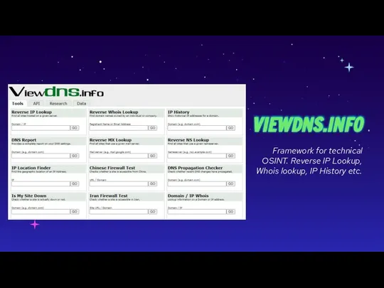 VIEWDNS.INFO Framework for technical OSINT. Reverse IP Lookup, Whois lookup, IP History etc.