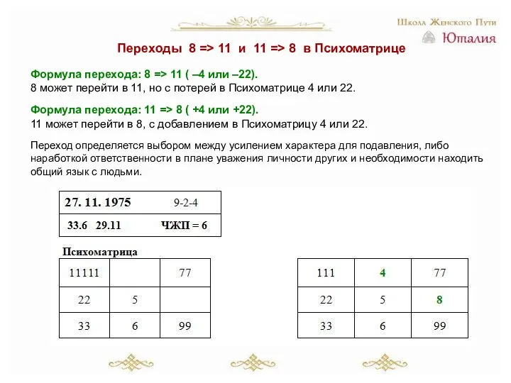 Переходы 8 => 11 и 11 => 8 в Психоматрице Формула перехода: