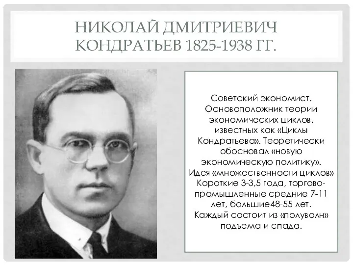 НИКОЛАЙ ДМИТРИЕВИЧ КОНДРАТЬЕВ 1825-1938 ГГ. Советский экономист. Основоположник теории экономических циклов, известных