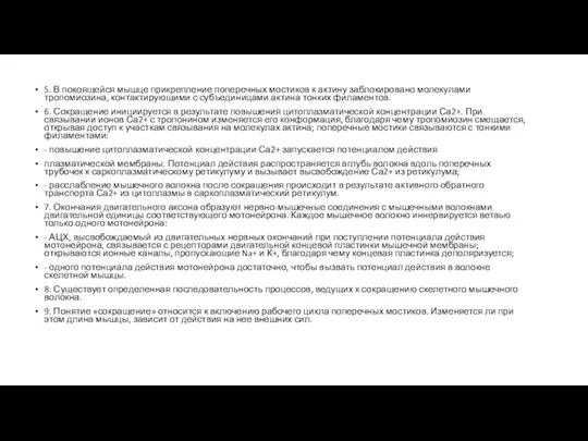 5. В покоящейся мышце прикрепление поперечных мостиков к актину заблокировано молекулами тропомиозина,