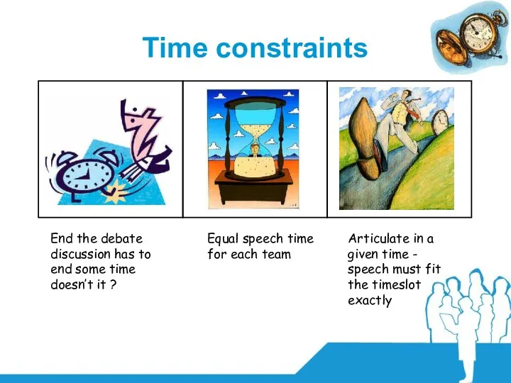 Time constraints End the debate discussion has to end some time doesn’t