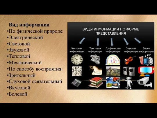 Вид информации По физической природе: Электрический Световой Звуковой Тепловой Механический По способу