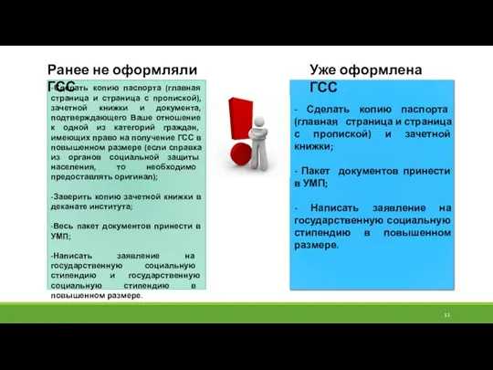 Ранее не оформляли ГСС Уже оформлена ГСС -Сделать копию паспорта (главная страница