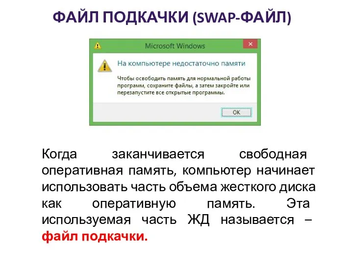 ФАЙЛ ПОДКАЧКИ (SWAP-ФАЙЛ) Когда заканчивается свободная оперативная память, компьютер начинает использовать часть