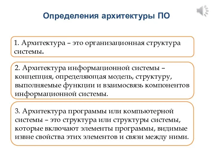 Определения архитектуры ПО 1. Архитектура – это организационная структура системы. 2. Архитектура