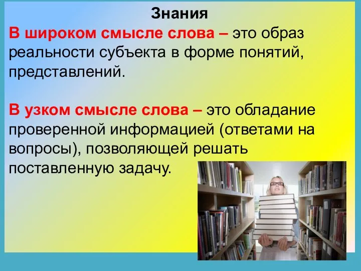 Знания В широком смысле слова – это образ реальности субъекта в форме