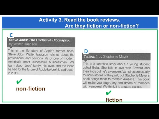 Activity 3. Read the book reviews. Are they fiction or non-fiction? C
