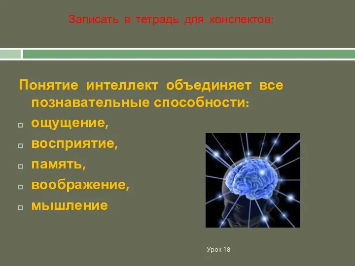 Урок 18 Понятие интеллект объединяет все познавательные способности: ощущение, восприятие, память, воображение,