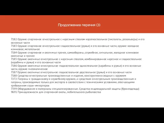 Продолжение перечня (3) 7182 Оружие спортивное огнестрельное с нарезным стволом короткоствольное (пистолеты,