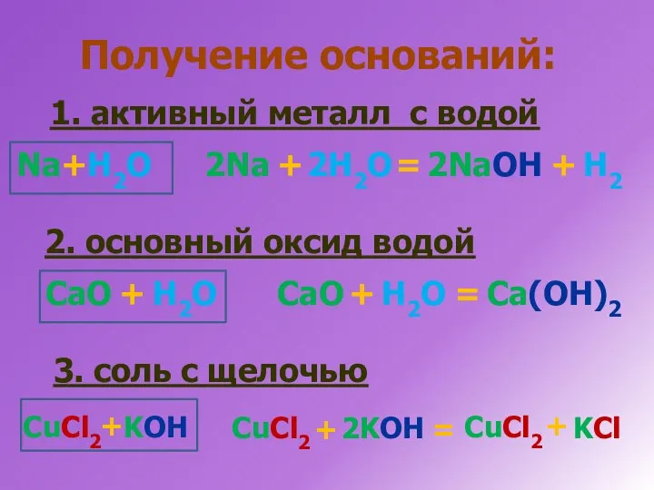 Получение оснований: 1. активный металл с водой Na + H2O 2Na +