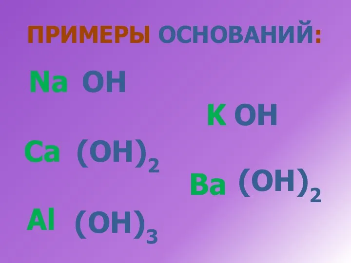 ПРИМЕРЫ ОСНОВАНИЙ: Na OH K OH Ca (OH)2 Ba (OH)2 Al (OH)3