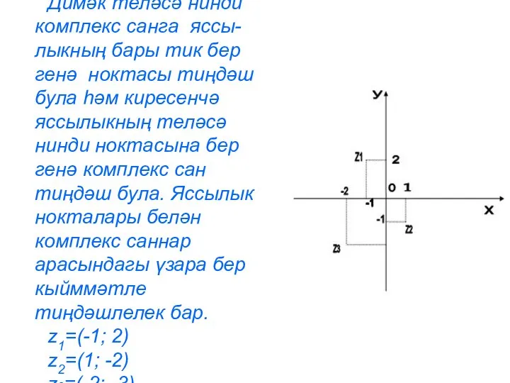 Димәк теләсә нинди комплекс санга яссы-лыкның бары тик бер генә ноктасы тиңдәш