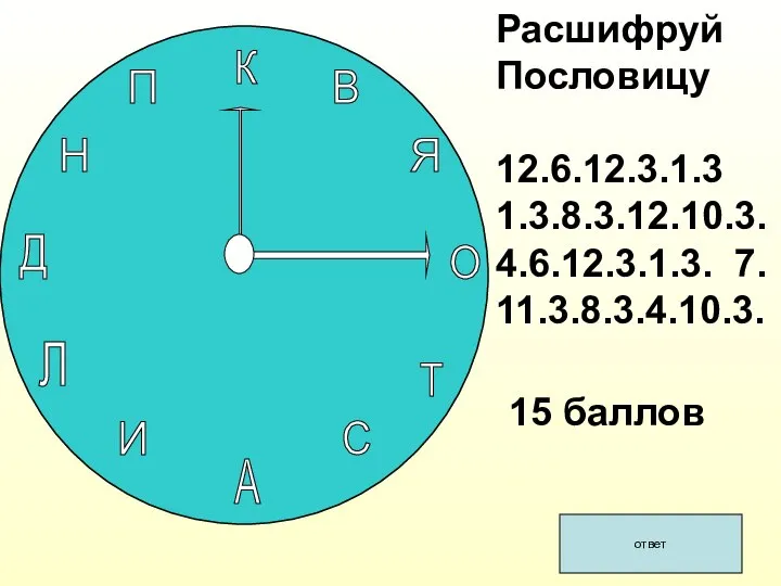 15 баллов. ответ К В Я О Т С А И Л