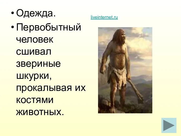 Одежда. Первобытный человек сшивал звериные шкурки, прокалывая их костями животных. liveinternet.ru