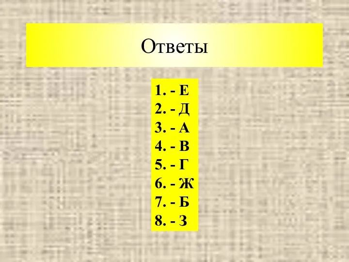 Ответы 1. - Е 2. - Д 3. - А 4. -