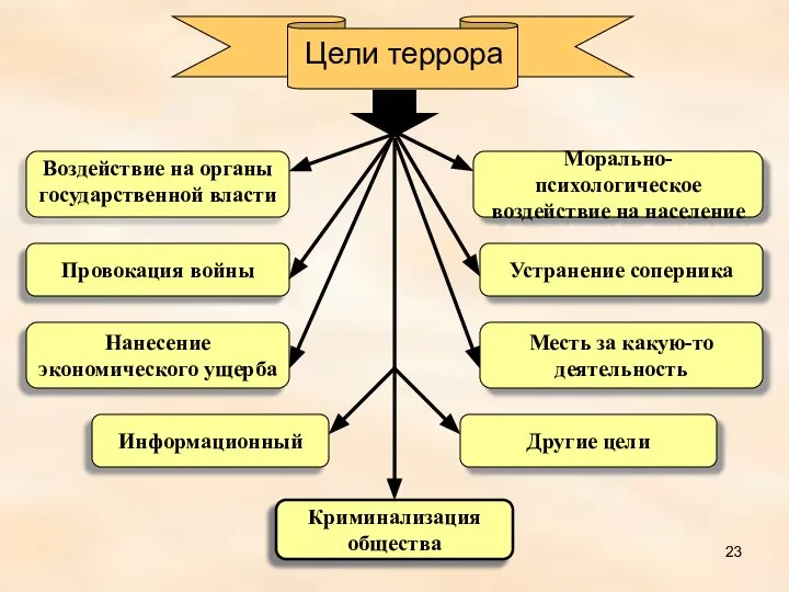 Цели террора Морально-психологическое воздействие на население Провокация войны Устранение соперника Нанесение экономического