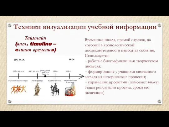 Временная шкала, прямой отрезок, на который в хронологической последовательности наносятся события. Используется: