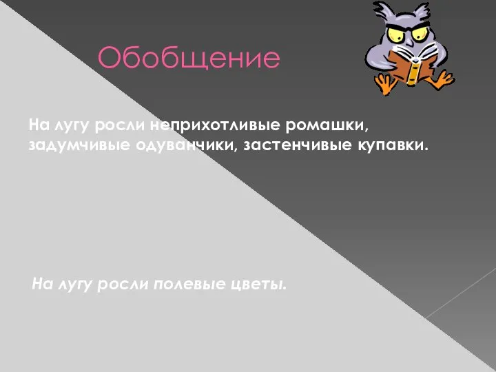 Обобщение На лугу росли неприхотливые ромашки, задумчивые одуванчики, застенчивые купавки. На лугу росли полевые цветы.