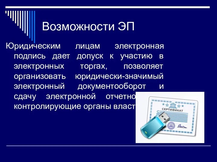 Возможности ЭП Юридическим лицам электронная подпись дает допуск к участию в электронных