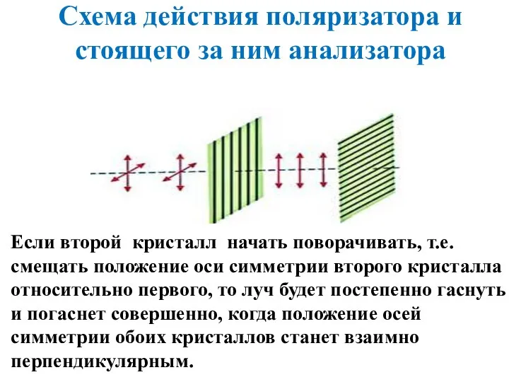 Схема действия поляризатора и стоящего за ним анализатора Если второй кристалл начать