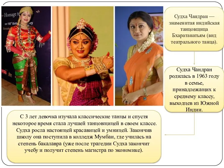Судха Чандран — знаменитая индийская танцовщица Бхаратанатьям (вид театрального танца). Судха Чандран
