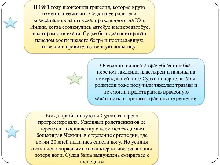 В 1981 году произошла трагедия, которая круто изменила ее жизнь. Судха и