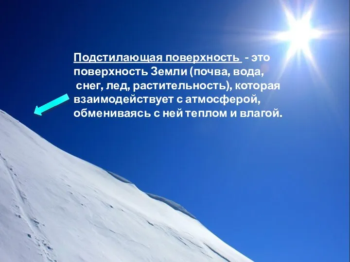 Подстилающая поверхность - это поверхность Земли (почва, вода, снег, лед, растительность), которая