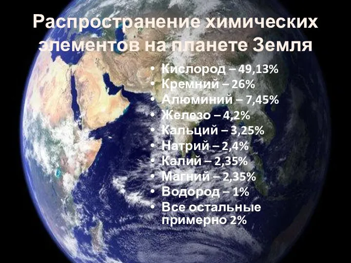 Распространение химических элементов на планете Земля Кислород – 49,13% Кремний – 26%