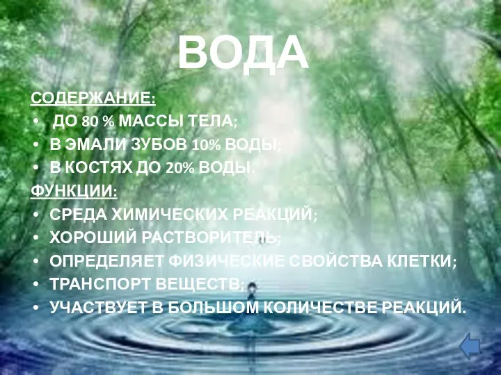 СОДЕРЖАНИЕ: ДО 80 % МАССЫ ТЕЛА; В ЭМАЛИ ЗУБОВ 10% ВОДЫ; В