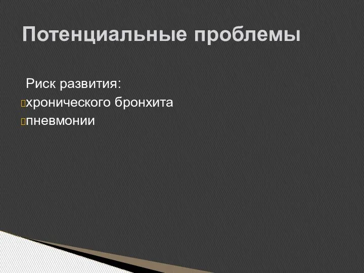 Риск развития: хронического бронхита пневмонии Потенциальные проблемы