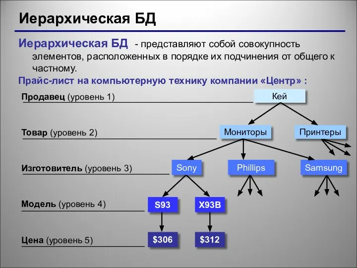 Иерархическая БД Иерархическая БД - представляют собой совокупность элементов, расположенных в порядке