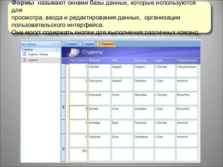 Формы называют окнами базы данных, которые используются для просмотра, ввода и редактирования
