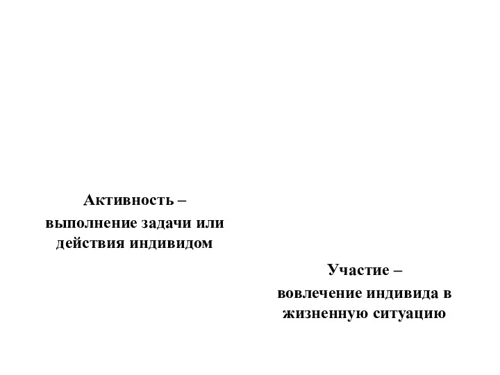 Активность – выполнение задачи или действия индивидом Участие – вовлечение индивида в жизненную ситуацию