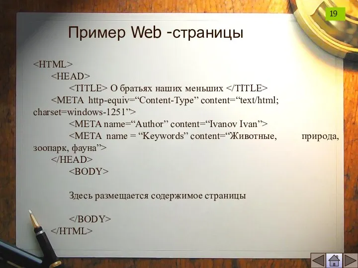 Пример Web -страницы О братьях наших меньших Здесь размещается содержимое страницы 19