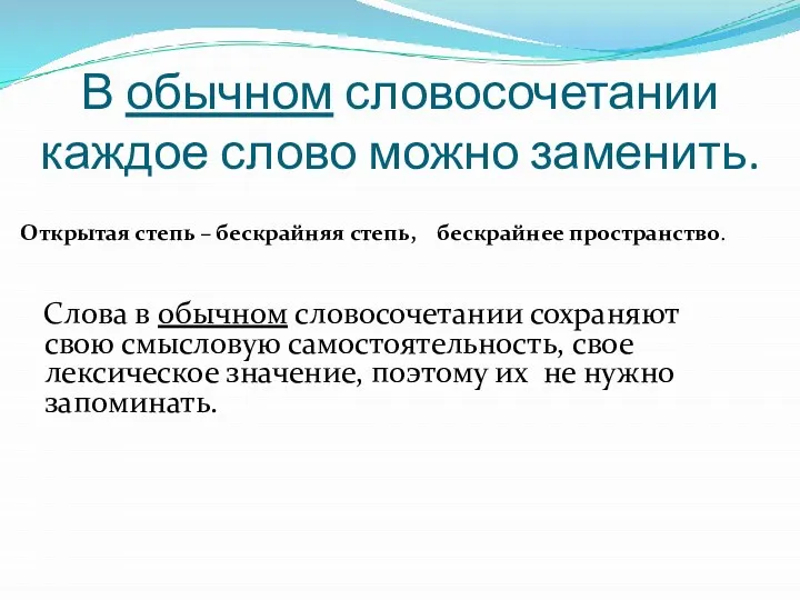 Открытая степь – бескрайняя степь, бескрайнее пространство. Слова в обычном словосочетании сохраняют