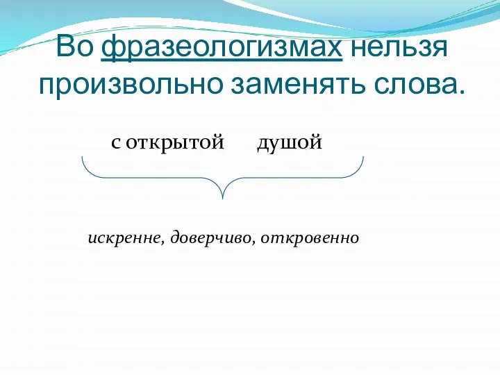 с открытой душой искренне, доверчиво, откровенно Во фразеологизмах нельзя произвольно заменять слова.