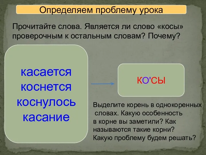 Определяем проблему урока касается коснется коснулось касание КО'СЫ Прочитайте слова. Является ли