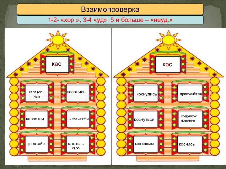 Взаимопроверка 1-2- «хор.», 3-4 «уд», 5 и больше – «неуд.» кас кос