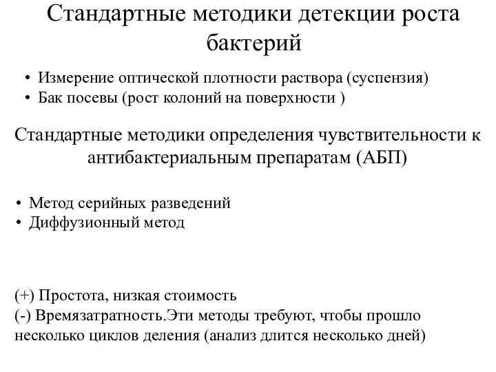 Стандартные методики детекции роста бактерий Измерение оптической плотности раствора (суспензия) Бак посевы