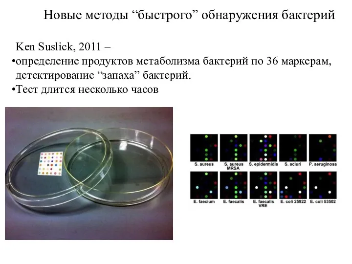 Новые методы “быстрого” обнаружения бактерий Ken Suslick, 2011 – определение продуктов метаболизма