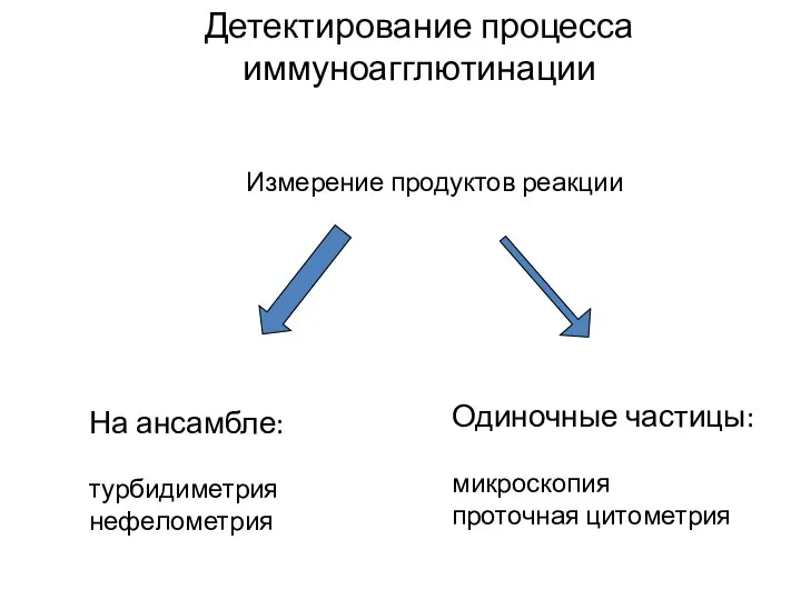 Детектирование процесса иммуноагглютинации Измерение продуктов реакции На ансамбле: турбидиметрия нефелометрия Одиночные частицы: микроскопия проточная цитометрия