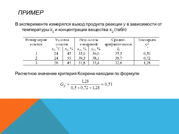 ПРИМЕР В эксперименте измерялся выход продукта реакции y в зависимости от температуры