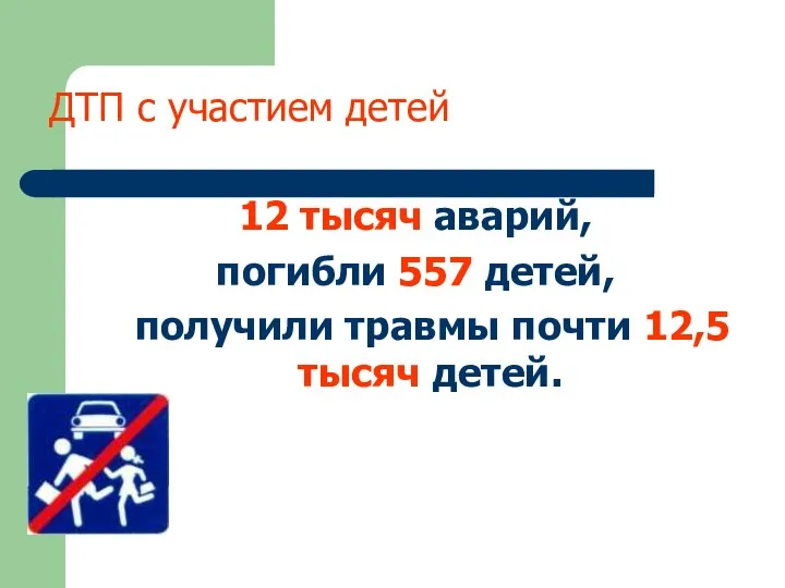 ДТП с участием детей 12 тысяч аварий, погибли 557 детей, получили травмы почти 12,5 тысяч детей.