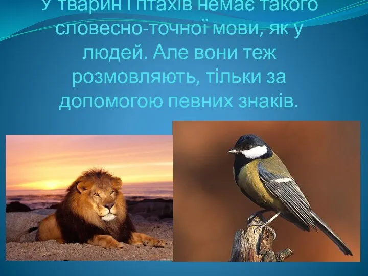 У тварин і птахів немає такого словесно-точної мови, як у людей. Але