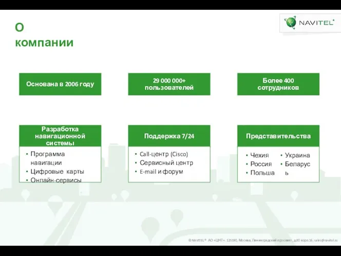 О компании Разработка навигационной системы Программа навигации Цифровые карты Онлайн-сервисы Представительства 29