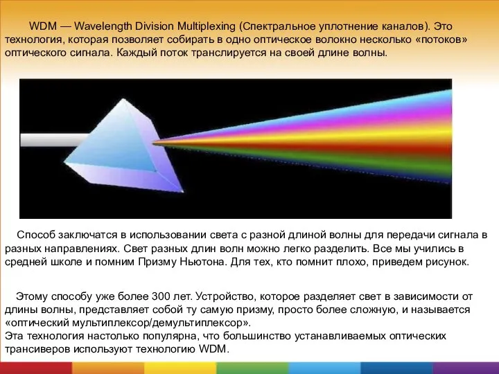 WDM — Wavelength Division Multiplexing (Спектральное уплотнение каналов). Это технология, которая позволяет