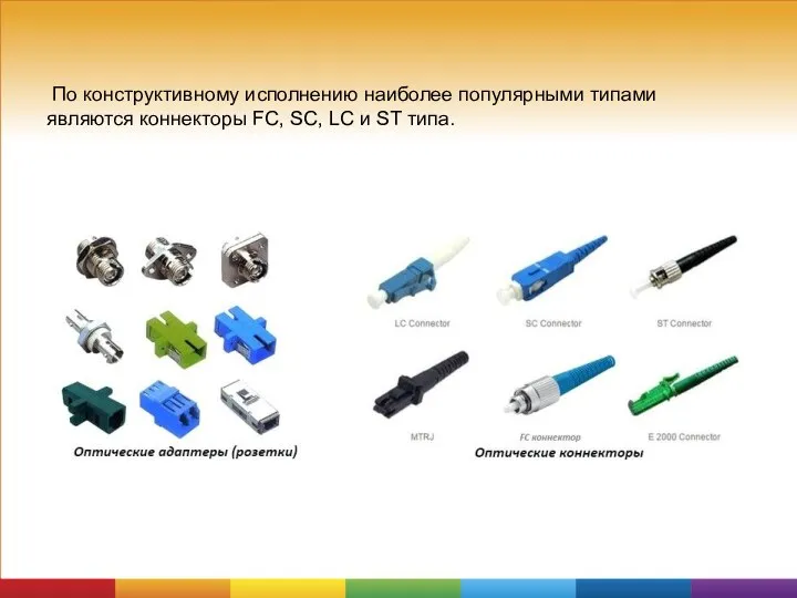 По конструктивному исполнению наиболее популярными типами являются коннекторы FC, SC, LC и ST типа.