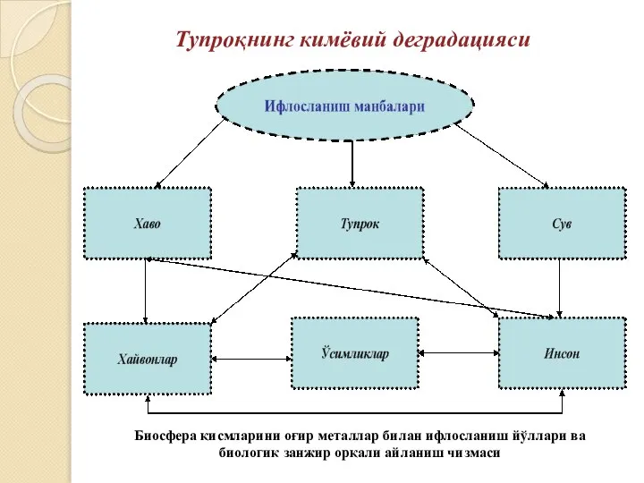 Тупроқнинг кимёвий деградацияси Биосфера қисмларини оғир металлар билан ифлосланиш йўллари ва биологик занжир орқали айланиш чизмаси